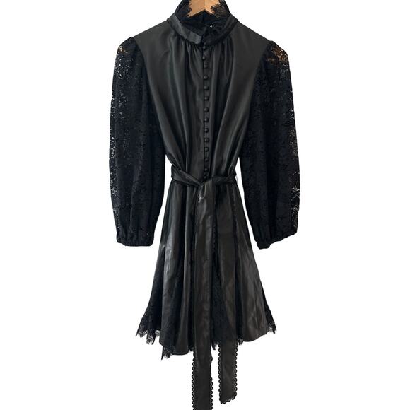 Alice + Olivia Mina Lace Sleeve Black Vegan Leather Dress Size 8 - Picture 7 of 12